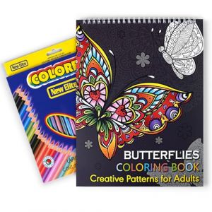 Livre de coloriage pour adultes, 20 motifs uniques &agrave; colorier, livre de coloriage pour adultes avec 24 crayons de couleur pour se d&eacute;tendre, cadeau de dessin cr&eacute;atif pour enfants (Papillon) (QHHYGYP, neuf)
