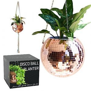 SCANDINORDICA Pot de Fleurs en Forme de Boule Disco. Comprend : Pot de Fleurs Disco avec cha&icirc;ne, Suspension en macram&eacute; et Support en Acrylique pour Bureau, Insert Auto-arrosant, 25,4 cm, Or Rose (SCANDINORDICA FR, neuf)