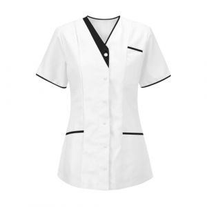 Tunique M&eacute;dicale Femme Col en V Manche Courte Blouse Medicale Femme Banche Uniforme de Travail Femmes Infirmiere Uniforme Esth&eacute;ticienne Femmes Professionnelle D'infirmi&egrave;re Uniformes de Travail S-3XL (HAOLEI  FR, neuf)