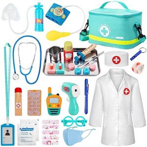 Sundaymot Malette Docteur Enfant, avec véritable stéthoscope, thermomètre, Blouse de médecin et Sac de médecin Portable, Adapté malette Docteur Enfant 3 Ans (YEMA-EU, neuf)