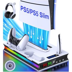 ALEEMTRY Support PS5 avec Lumi&egrave;re LED pour PS5/Slim/Pro avec Ventilateur &agrave; 3 Vitesses/Chargeur Manette PS5/Crochet pour Casque/4 Prises USB C (Gracesview, neuf)