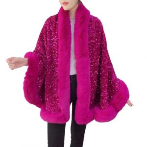 Mrat Châle à paillettes pour femme - Cape enveloppante chaude en fausse fourrure - Poncho brillant - Grande taille - Élégant et confortable - En polaire - Robe de soirée, Rose vif #01, Taille unique (kaishiou, neuf)