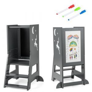 LIFEZEAL Tour d&rsquo;Observation Enfant en Bois, 3 Hauteurs R&eacute;glables, Traverse de S&eacute;curit&eacute;, Tour Apprentissage Montessori, Tableau Double Face, 3 Stylos, Marche Pied 37x50x87 cm, Charge 70 kg (Gris) (LIFEZEAL ITALY S.R.L., neuf)