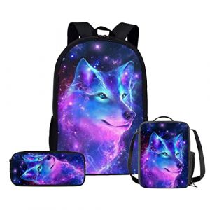HELLHERO Lot de 3 sacs d'école pour filles et garçons avec sac à déjeuner et trousse à crayons, loup, Medium (Shengming Trade, neuf)