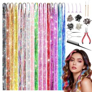 Axlyca Kit de 16 Couleurs Meches Cheveux Couleur avec Outils, 120 cm Hair Tinsel Extensions (3800 Mèches), Pailletés Rajout Cheveux Couleur, Guirlandes de Tinsel Hair pour Cosplay Halloween Noël Fêtes (DIMITRIS-LOUKA, neuf)