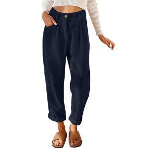 Joligiao Pantalon en Velours C&ocirc;tel&eacute; pour Femme Pantalon D&eacute;contract&eacute; Taille &eacute;lastique Pantalon avec Poche Zipp&eacute; Bouton Fermeture &Eacute;clair Chaud Pantalon Femme Chic et Elegant Hiver(Bleu Marine,M) (YonYee, neuf)