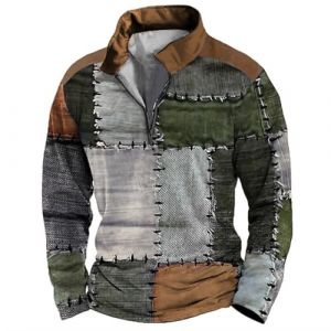 Pull patchwork r&eacute;tro pour homme - Pull vintage &agrave; manches longues - Fermeture &eacute;clair 1/4 - Pull d'automne &agrave; col montant - Pull color&eacute; color&eacute; - Haut hippie d&eacute;contract&eacute;, Vert, L (Mens Clothing Sale Clearance Uk, neuf)