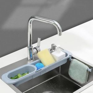 SEIYOGDS Support Télescopique De Vidange D'évier, Rangement Evier avec Porte-Serviettes, Support de Savon De Stockage Extensible éponge égouttoir Plateau d'évier pour Cuisine à Domicile (Bleu) (ROY-EU, neuf)