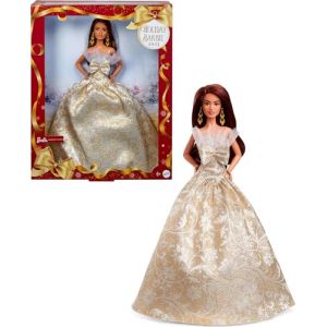 Barbie Poup&eacute;e Joyeux No&euml;l 2025 aux Cheveux Brun fonc&eacute; embl&eacute;matique Portant Une Robe Agent et Or, poup&eacute;e Collector pour Les f&ecirc;tes, avec Emballage de pr&eacute;sentation et Socle, JBJ02 (EuroGlobe, neuf)