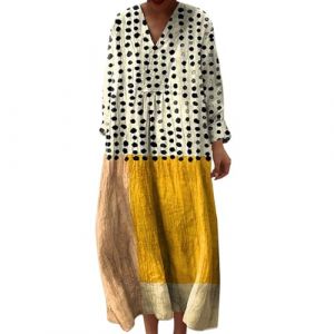 Robe Ete Femme Mi Longue Fluide Coton Chemise Robes Manches Longues Ample Casuel A-Line Imprim&eacute; Fleur Robes Col V Ronde Boh&egrave;me Robe De Soiree Femme Vintage Dress pour F&ecirc;te Travail (Anglekie, neuf)