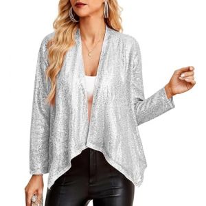 GRACE KARIN Veste &agrave; paillettes pour femme - Bol&eacute;ro festif &agrave; manches longues - L&eacute;g&egrave;re &agrave; &eacute;paules courtes - R&eacute;tro - Cocktail - Pour soir&eacute;e en club - Argent&eacute; et blanc - M (Claroine EU, neuf)
