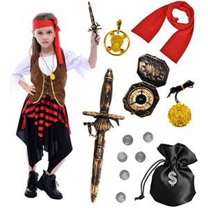 Tacobear D&eacute;guisement Pirate Enfant Fille Costume de Pirate Buccaneer Princess avec Pirates Accessoires Bandeau Compas Sac Boucle d'oreille Costume Carnaval Halloween pour Enfant Fille(10-12 ans) (vamei, neuf)