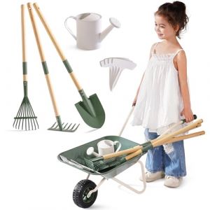 ROBOTIME Brouette en m&eacute;tal et outils de plantation pour enfants, 5 pi&egrave;ces, vert olive, grand kit de jardin avec poign&eacute;e r&eacute;glable en bois de pin, arrosoir, r&acirc;teau, pelle, pour gar&ccedil;ons et filles &agrave; (Global Premier Collections, neuf)