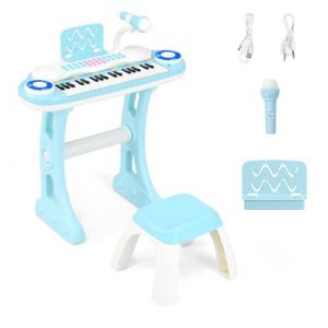 GOPLUS Clavier de Piano à 37 Touches pour Enfant, Piano Numérique Enfant avec Tabouret, Microphone, 8 Sons, Pupitre, Lumières, Jouet Piano Électronique pour Garçon Fille, Bleu (Augenstern24, neuf)