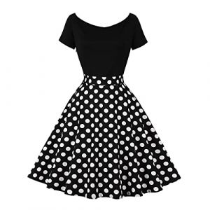 Odizli Robe de coctail pour femme, style vintage, rockabilly, ann&eacute;es 1950, &eacute;paules d&eacute;nud&eacute;es, polka &agrave; pois, swing, ligne A, longueur genou, robe d'&eacute;t&eacute;, Noir , M (Odizli store, neuf)