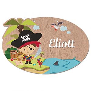 Adzif.biz Le sticker de decoration - Plaque de Porte Chambre Enfant - Pancarte en Bois Personnalisable - d&eacute;coration Enfant Pirate - 2 per&ccedil;ages en Haut, Plexi Blanc (Forum France, neuf)