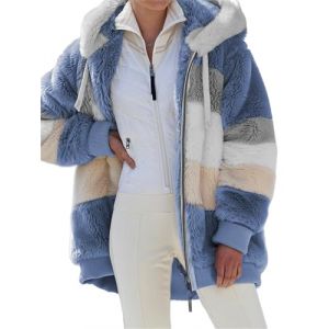 Manteau matelass&eacute; en laine d'agneau contrast&eacute;e pour femme - Automne et hiver - Chaud - Patchwork - Poche zipp&eacute;e - Manteau ample &agrave; capuche, bleu, 3XL (NETMENT, neuf)