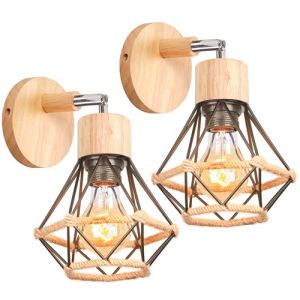 iDEGU Lot de 2 Appliques Murales Interieures Vintage Plafonnier Luminaire en Bois Métal 16CM Cage avec Décor Corde de Chanvre Rétro Éclairage Mural Réglable Lampe Murale Industriel pour Salon Chambre (IDEGU, neuf)
