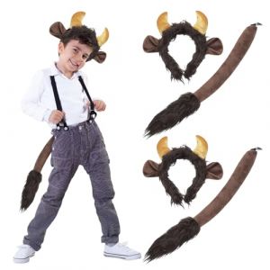 TUONYIS 4 Pièces Ensemble de Costume de Cornes de Taureau Oreilles et Queue de Vache de Taureau avec Bandeau de Cornes de Bœuf, Cerceau de Cheveux en Corne de Bœuf en Peluche (Marron) (ZECAI TONG, neuf)