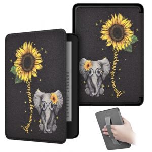 KEROM Étui pour Kindle Paperwhite 6,8" (11e Génération, 2021) et Kindle Paperwhite Signature Edition, Coque Étui de Protection en Cuir avec Dragonne et Fonction de Veille/Réveil Automatique, Éléphant (Babyky, neuf)