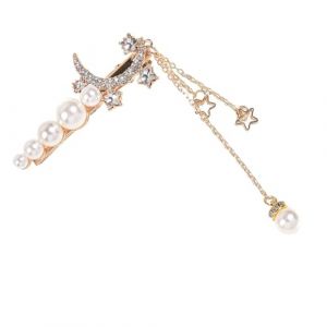 IWOWHERO Pince &agrave; Cheveux Perle Pompon Dor&eacute;, Barrette R&eacute;tro Lune &Eacute;toile en Alliage, Accessoire Coiffure Femme &Eacute;l&eacute;gant pour Mariage et Anniversaire (Langeriy, neuf)