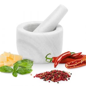 Gourmeo Mortier Pilon Cuisine - Accessoire Cuisine en Marbre de 8,5 cm de Diamètre pour Broyage des Épices Guacamole Pesto Noix Mojito - Mortier et Pilon Concasseur a Grain Blanc (SX-Commerce, neuf)