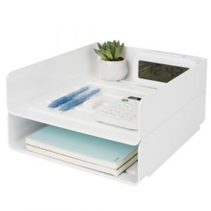 Otauoaea Lot de 2 Corbeille a Courrier Empilable - Bac a Courrier A4 en Plastique Pet Blanc - Rangement Bureau Organisateur - Corbeille Bureau pour Papier Document (Versatile official, neuf)