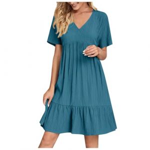 HAOLEI Femme Robe Boheme Chic Ete Manches Courtes Elegant Col V Tunique Robe Ample A-Line Mi-Longue Dress Grande Taille D&eacute;Contract&eacute;E Robes Unie Taille Haute Robes pour Soiree Mariage Plage (HAOLEI  FR, neuf)
