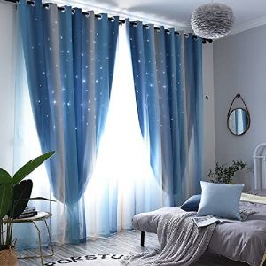 Lanqinglv 2 Panneaux Rideaux Occultant Étoiles Bleu Rideaux avec Voilages Double Rideaux Décoration du Maison Chambre Enfants Filles,Thermique et Intimité (L 132 x H 243 cm) (Lanqinglv, neuf)