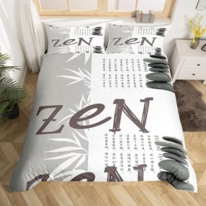 Homewish Housse de Couette 220x240 Zen, Parure de Lit Pierre Zen, Ensemble de Literie en Feuilles de Bambou, pour Adultes Hommes Femmes, Couvre-Lit Gris Blanc avec Mots Chinois, 3 Pièces (Suzhou yiyanyun e-commerce Co., Ltd, neuf)