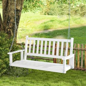 GOPLUS Balançelle Jardin 2/3 Places Extérieur, Chaise Hamac Siège Suspnedue en Bois avec Chaînes de Suspension Ajustables, Dossier à Lattes et Accoudoirs Lisses, Charge 230/360KG(136x67x63CM Blanc) (Augenstern24, neuf)