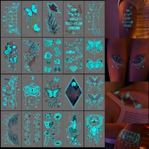 KASESSS 20 Feuilles Bleue Lumineux Tatouage Ephemere Femme, Tatouage Temporaire, Faux Tatouage, Tatouage Ephemere Homme, Papillon Fluo Tatouage, Tatouage Ephemere Enfant, Cadeau pour Femme Fille (KASESSS, neuf)