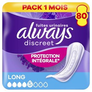 Always Discreet, 80 Serviettes Hygiéniques Incontinence Femme, Long 5 Gouttes, Protection Absorbante pour Fuites Urinaires Importantes, Pack 1 Mois (SCBOUTIK, neuf)