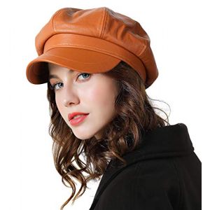 Genfien Casquette classique de couleur unie fran&ccedil;aise pour les femmes Newsboy Cap Beaker Boy Chapeaux en cuir synth&eacute;tique pour dames, marron, Taille Unique (Genfien-FR, neuf)