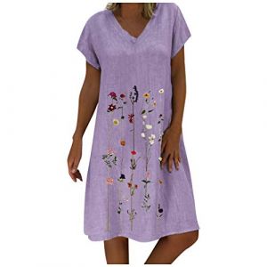 NNGOTD Robe Elegante Femme Imprime Manche Courte Dentelle Dress Sexy Épaules Dénudées Col en V Longueur Genou Taille Haute Robe De Plage A-Line Élégante Rétro Robe Été Robe Longue Blanche (BAULMD（90% Big Promotion Without Discount Code ）, neuf)
