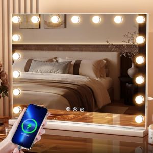 Miroir Hollywood maquillage lumineux, 70x55cm, Grand miroir éclairé avec 17 lumières LED, 3 modes d'éclairage, miroir maquilleur lumineux avec USB et loupe 10x, miroir mural, miroir de table - Blanc (meilinks, neuf)