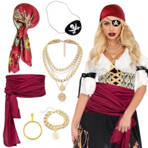 Dazzroi Lot de 6 accessoires de costume de pirate pour femme avec foulard, ceinture, boucles d'oreilles, cache-&oelig;il, collier et bracelet pour f&ecirc;te d'Halloween, mascarade (rongjia-ww, neuf)