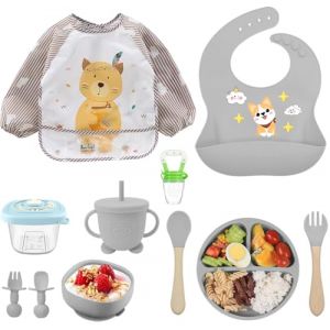 Assiette Bebe, Couverts Bebe,10 pièces Coffret Repas Bebe, Assiette Ventouse Silicone Antiderapant avec Compartiments, bebe Ventouse Bol, bebe Bavoir, Cuillère d’apprentissage, assiettes ventouse (KUN-VEGY Trade 2000 Kft, neuf)