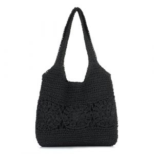 EVEOUT Sac Cabas en Raphia Tressé Femme été Grand Léger Boho Sac de Plage Tressé Léger Sac Fourre-Tout Paille Tissé pour Vacances(Noir) (EVEOUT, neuf)