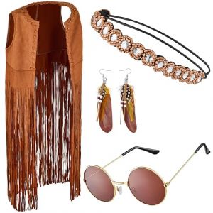 Balinco Costume Indien Homme, Femme, Adulte &ndash; Tenue Western, Set Hippie, D&eacute;guisement Boh&egrave;me, Gilet &agrave; Franges, Lunettes R&eacute;tro, Coiffe &ndash; Carnaval, Halloween (M) (Balinco, neuf)