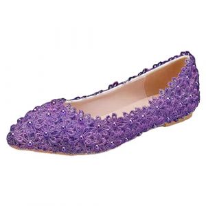 Jamron Femme &Eacute;l&eacute;gant Bout Pointu Fleur Dentelle Perles Chaussures de Mari&eacute;e Escarpins Semelle Souple Ballerines Violet SN070435 EU38 (No.7 Fashion House, neuf)