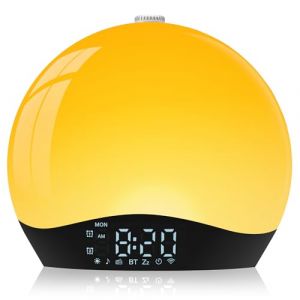 ARTINABS R&eacute;veil Simulateur d'Aube avec Enceinte Bluetooth, Lampe de Chevet LED Multicolore, Radio, 22 Sons Nature, 2 Alarmes, 20 Niveaux de Luminosit&eacute;, Snooze, Minuterie - Adaptateur Inclus (Jaune) (BOYIKEJI, neuf)