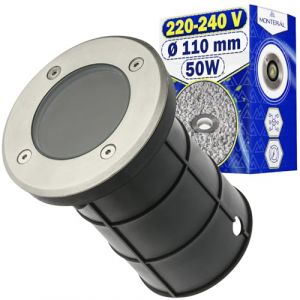 MONTERAL Spot Encastrable Exterieur GU10 Max 50W AC 220-240V 50-60Hz Indice Protection IP67 IK10 - Spot Exterieur Encastrable Anneau Acier Inoxydable &Oslash;110mm et Bo&icirc;tier Avec Profondeur Montage 121mm (MONTERAL, neuf)
