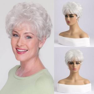 AUBWIG Short Pixie White Perruque Légère Bouclé Ondulée Cheveux Fibres Synthétiques Perruques pour Femmes Dames Mère Grand-mère Grand-mère Reine Porter quotidiennement Cosplay (Blanc) (anjieying, neuf)