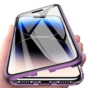 Orgsty Coque pour iPhone 14 Pro Max (6,7"), Coque d'adsorption magn&eacute;tique Ultra Mince &agrave; 360&deg; Housse de Protection en Avant et Arri&egrave;re Verre Tremp&eacute; Etui Transparent M&eacute;tallique Antichoc, Violet (Orgstyle, neuf)