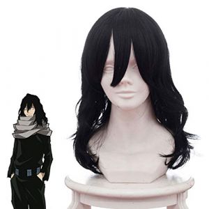 Mon héros académique Shouta Aizawa gomme tête Cosplay perruque noir longue ondulée bouclés Cosplay perruque Cosplay cheveux Boku pas de héros Akademia perruque taille unique noir (good stuff A, neuf)
