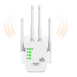 Repeteur WiFi Puissant 1200Mbps Double Bande (5GHz + 2.4GHz), Amplificateur WiFi avec 4 Antennes, Mode R&eacute;p&eacute;teur/Routeur/AP, 2 Ports LAN, Compatible Toutes Box Internet, Int&eacute;rieur/Ext&eacute;rieur (WN SHOP, neuf)