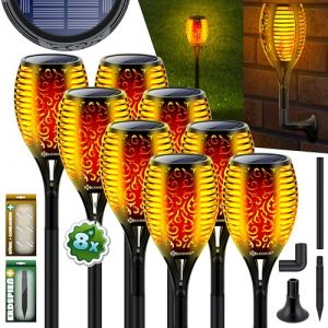KESSER® Flambeau de jardin Set de lampes solaires Flamme avec support mural + piquet de terre Capteur de lumière Résistant aux intempéries Lampe solaire de jardin Torche I Lot de 8, 96 LED (WMK Trading GmbH, neuf)
