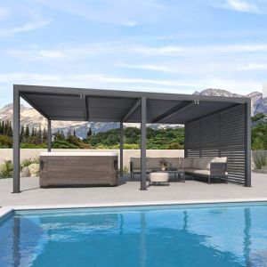 PURPLE LEAF Pergola Bioclimatique 7,39 x 3,68 m Pergola Aluminium avec Persienne Fixes sur Un C&ocirc;t&eacute;, Tonnelle de Jardin Exterieur Lames Orientables pour Patio Terrasse Exterieur, 1 C&ocirc;t&eacute; Court, Gris (PURPLE LEAF, neuf)