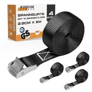 10 Lot de Sangles &agrave; Cliquet 6m x 250kg avec Boucle &agrave; Cam - Sangles d'Arrimage 25mm pour V&eacute;los, Bagages & Transport - Certifi&eacute; T&Uuml;V/GS Selon la Norme DIN en 12195-2 - KODIAK STRAPS (KODIAK STRAPS EU, neuf)
